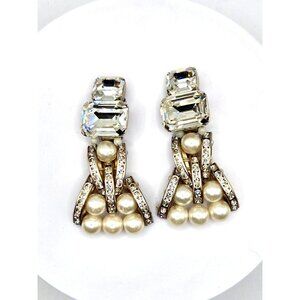 Vintage BOZART Made in ITALY Dangle Clip Earrings Rhinestones and Pearls 2.25"